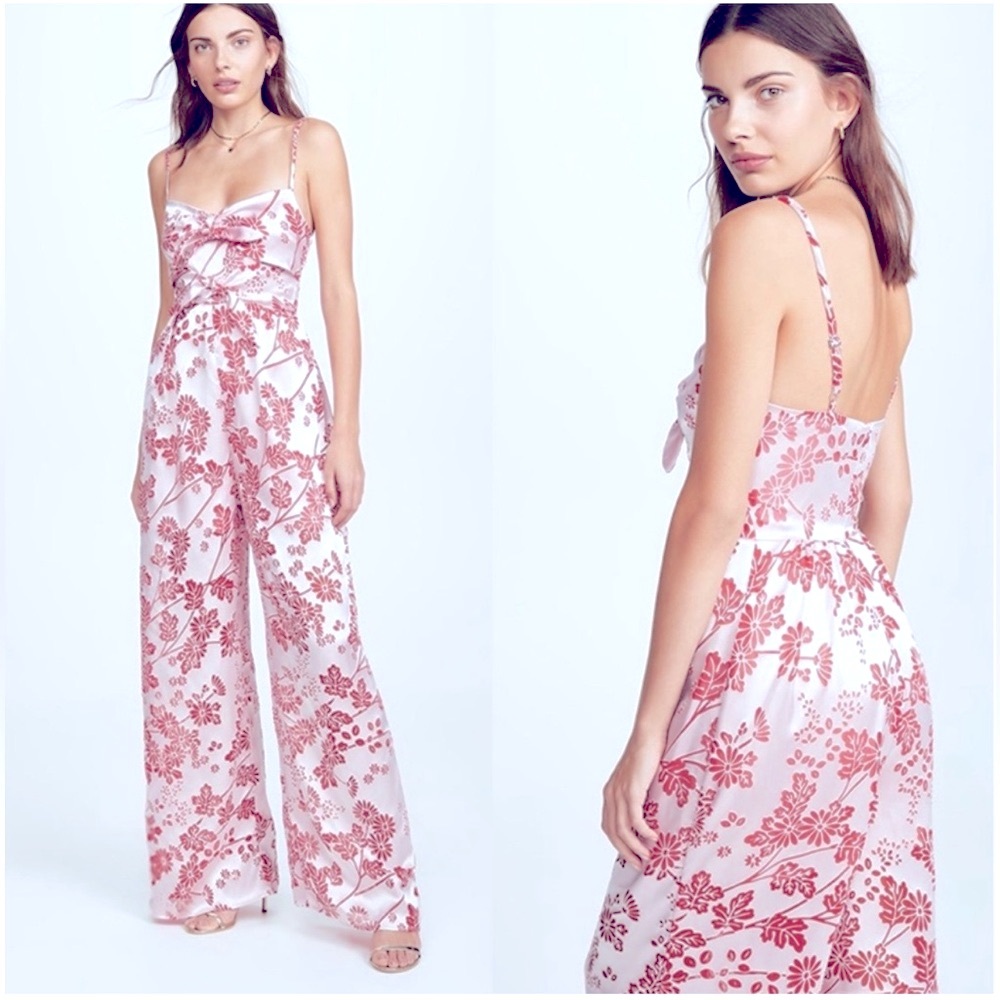 LIKELY Silky Pink Red Floral Rose Burnout Campbell Wide Leg Pant Jumpsuit